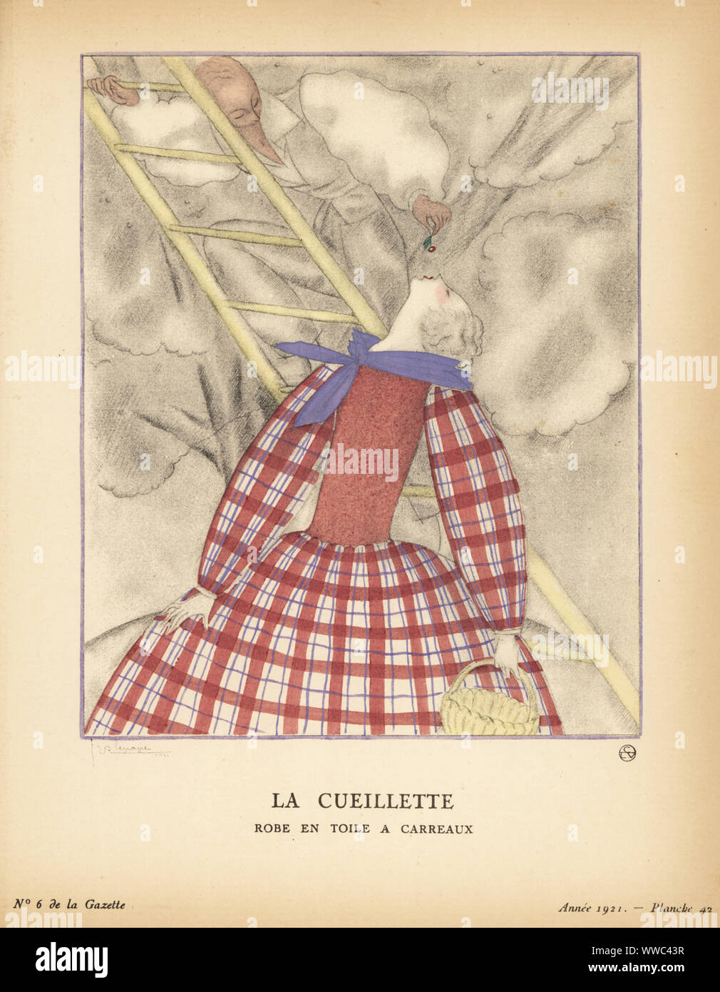 Frau im Kleid mit blauem Leinen Tuch, lehnte sich zurück eine Kirsche aus einer Abbildung auf einer Leiter in Rauch zu erhalten. La Cueillette. Robe en toile ein carreaux. Voici une vraie Robe de Campagne, en toile ein mouchoirs, mais Oui. Les manches et la Jupe, Tres amples, sind froncees sur un-Corsage de toile Unie. Petit fichu de Linon bleu. Papierkörbe pochoir Lithographie von Georges Lepape von Lucien Vogel Le Bon Genre: 100 Platten von der Zeitung Le Bon Ton, Brentanos, Paris, 1921. Stockfoto