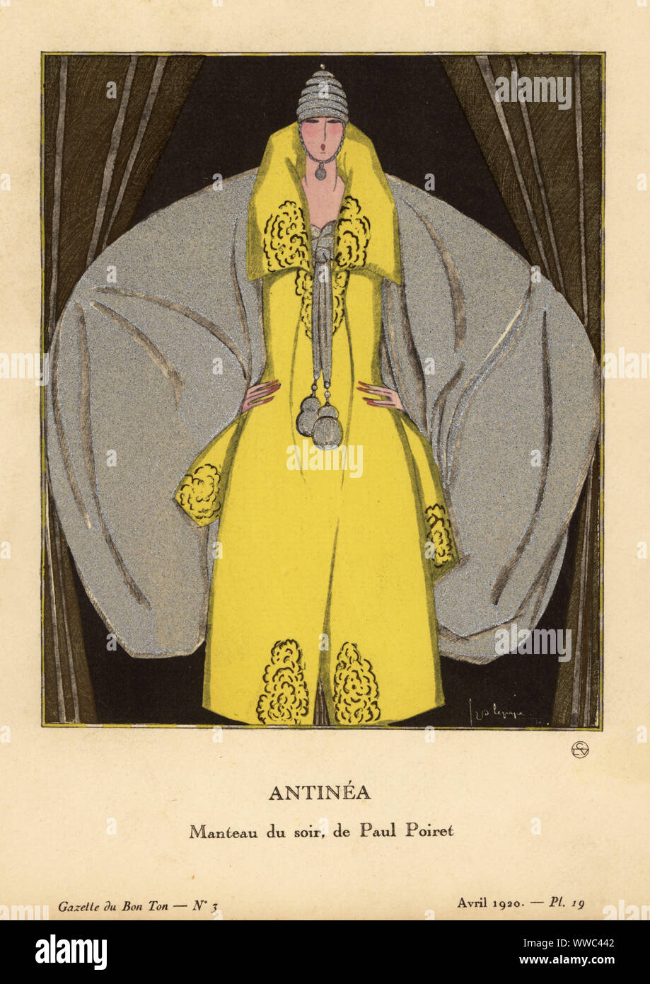 Frau in Velvet abend Cape mit enormen Ärmeln. Antinea. Manteau Du Soir, de Paul Poiret. De Paul Poiret, Un grand Manteau de Soir en Velours, élargi par d'énormes en manches Drap d'Argent. Tiare et Drüsen d'Argent. Papierkörbe pochoir Lithographie von Georges Lepape von Lucien Vogel Le Bon Genre: 100 Platten von der Zeitung Le Bon Ton, Brentanos, Paris, 1922. Stockfoto