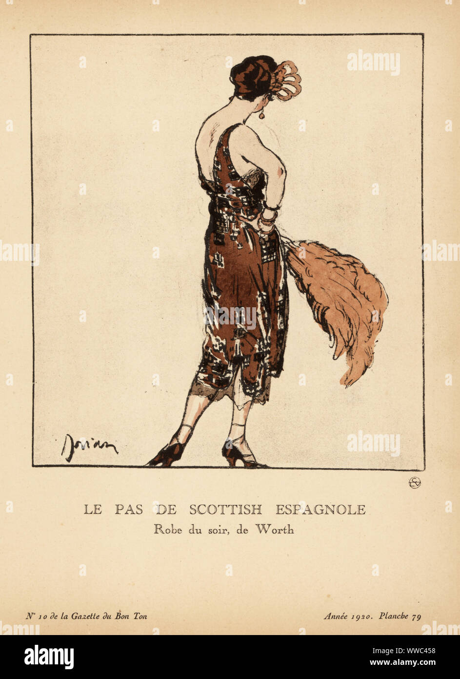 Frau in einem Kleid von Kupfer-farbigen Samt mit Jet cabochons. Le Pas de Schottischen Espagnole. Robe de Soir de Wert. Cette Robe, de Wert, est une Robe pour les Dîners. Elle est de Velours cuivre Brode de Cabochons de jais. Le Haut est de Dentelle Chantilly, ainsi que le Bas de la Jupe. Papierkörbe pochoir Lithographie von Adrien Etienne Drian von Lucien Vogel Le Bon Genre: 100 Platten von der Zeitung Le Bon Ton, Brentanos, Paris, 1920. Stockfoto