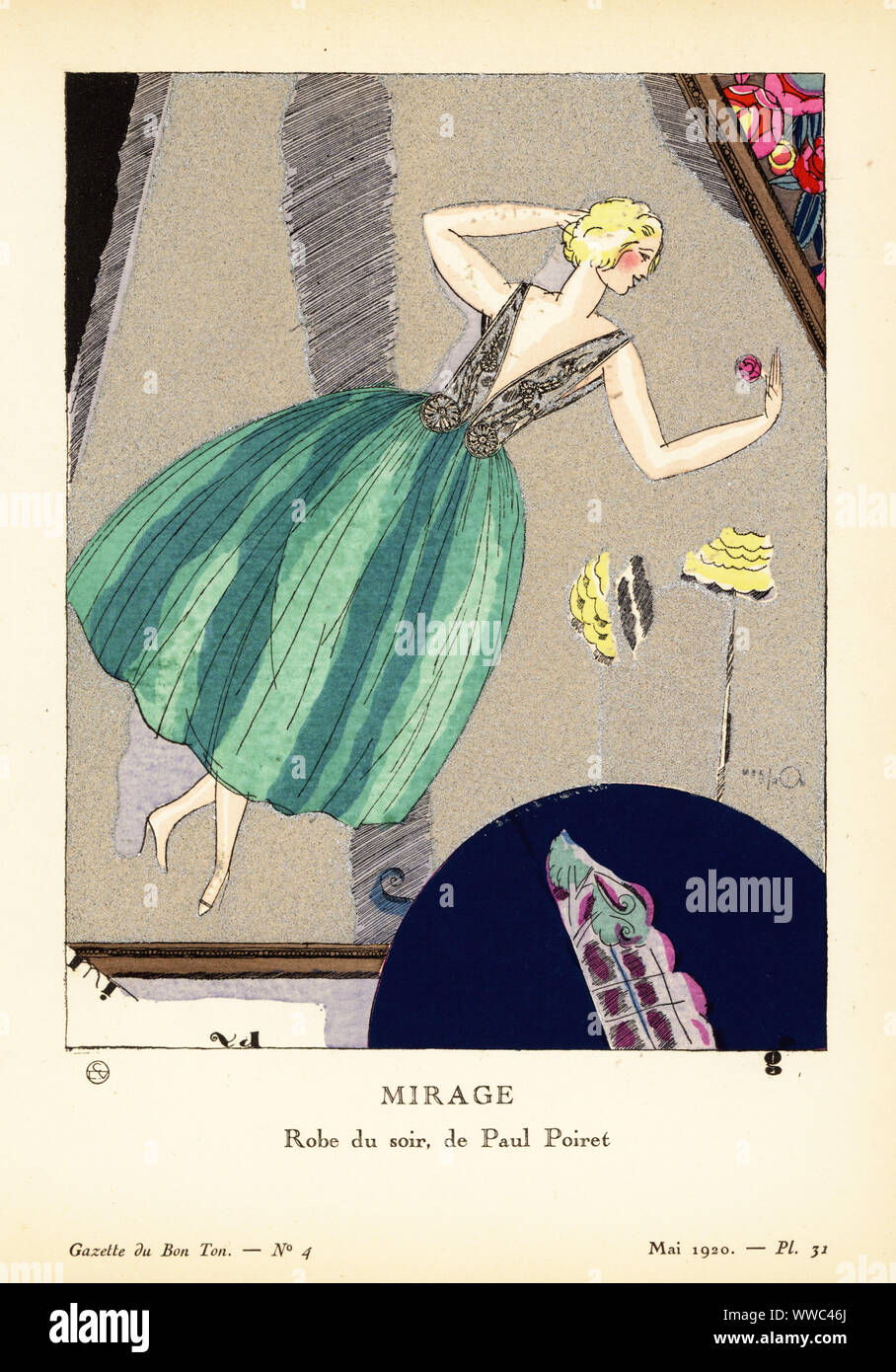 Frau in Abendkleid mit türkisfarbenem Taft Rock und Silber bestickte Mieder. Mirage. Jupe en taffetas Türkis; Corsage brodé en Lamé argent Argent: Robe Du Soir, de Paul Poiret. Papierkörbe pochoir Lithographie von Mario Simon von Lucien Vogel Le Bon Genre: 100 Platten von der Zeitung Le Bon Ton, Brentanos, Paris, 1922. Stockfoto