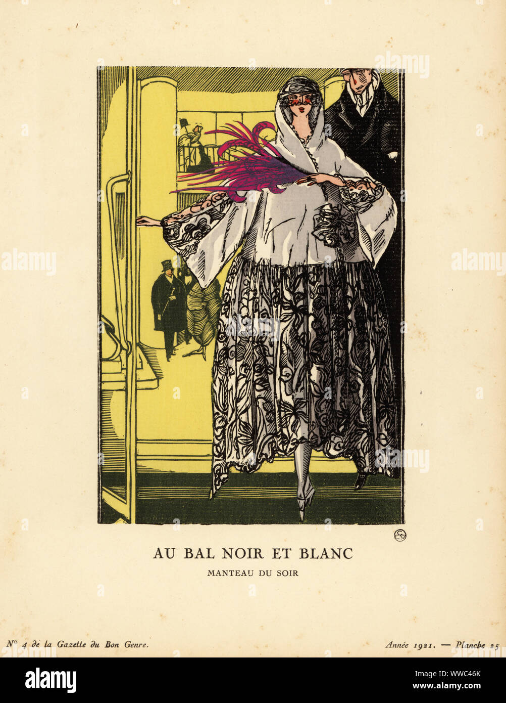 Frau in großen Cape Verlassen eines Grand Ball. Das Cape wird aus weißem satin mit schwarzer Chantilly spitze verziert. Die schwarzen und weißen Ball wurde im Mai 1921 am Theater Champs-Elysees, organisiert von der Marquise de Polignac statt. Au Bal noir et Blanc. Ce manteau Du Soir est de satin Blanc, garni de Chantilly tout. - Nous avons Ort la Szene a la sortie de ce Bal noir et Blanc, Premier des Quatre bals des Quatre vendredis de Mai, organisiert par la Marquise de Polignac au Theatre des Champs-Elysees. Papierkörbe pochoir Lithographie von Fernand Simeon von Lucien Vogel Le Bon Genre: 100 Platten aus Gazett Stockfoto