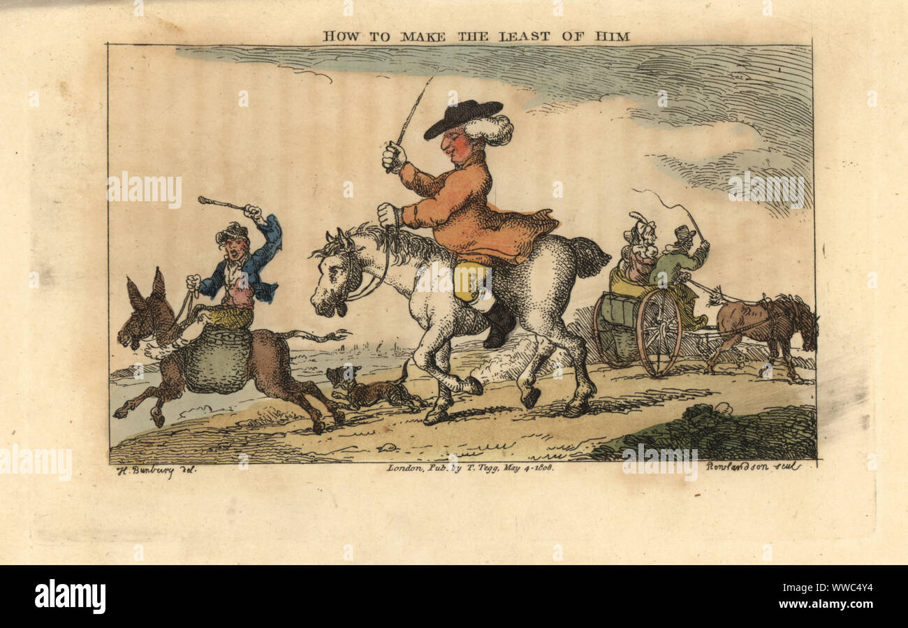 Regency Mann ein Pferd reiten mit einer Peitsche, während ein Mann peitschen einem Galoppierenden Esel und ein Paar in eine Kutsche ein Pferd schlagen. Wie man am wenigsten von ihm. Papierkörbe Kupferstich von Thomas Rowlandson nach einer Illustration von Henry Bunbury von Geoffrey Gambado ist eine Akademie für Erwachsene Reiter und Annalen der Horsemanship, London, 1809. Stockfoto