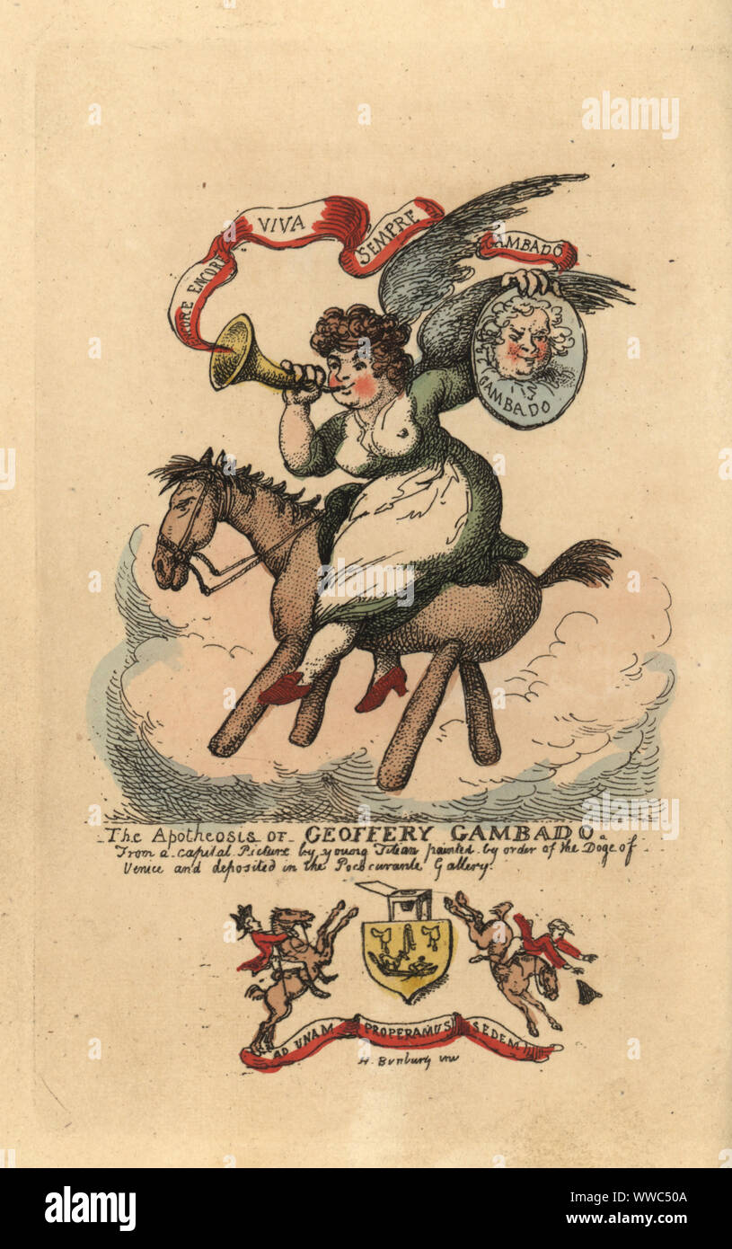 Allegorische Darstellung eines geflügelten Frau reiten ein Hobby Pferd mit Horn und Portrait von Henry Bunbury. Die Apotheose des Geoffery Gambado. Papierkörbe Kupferstich von Thomas Rowlandson nach einer Illustration von Henry Bunbury von Geoffrey Gambado ist eine Akademie für Erwachsene Reiter und Annalen der Horsemanship, London, 1809. Stockfoto