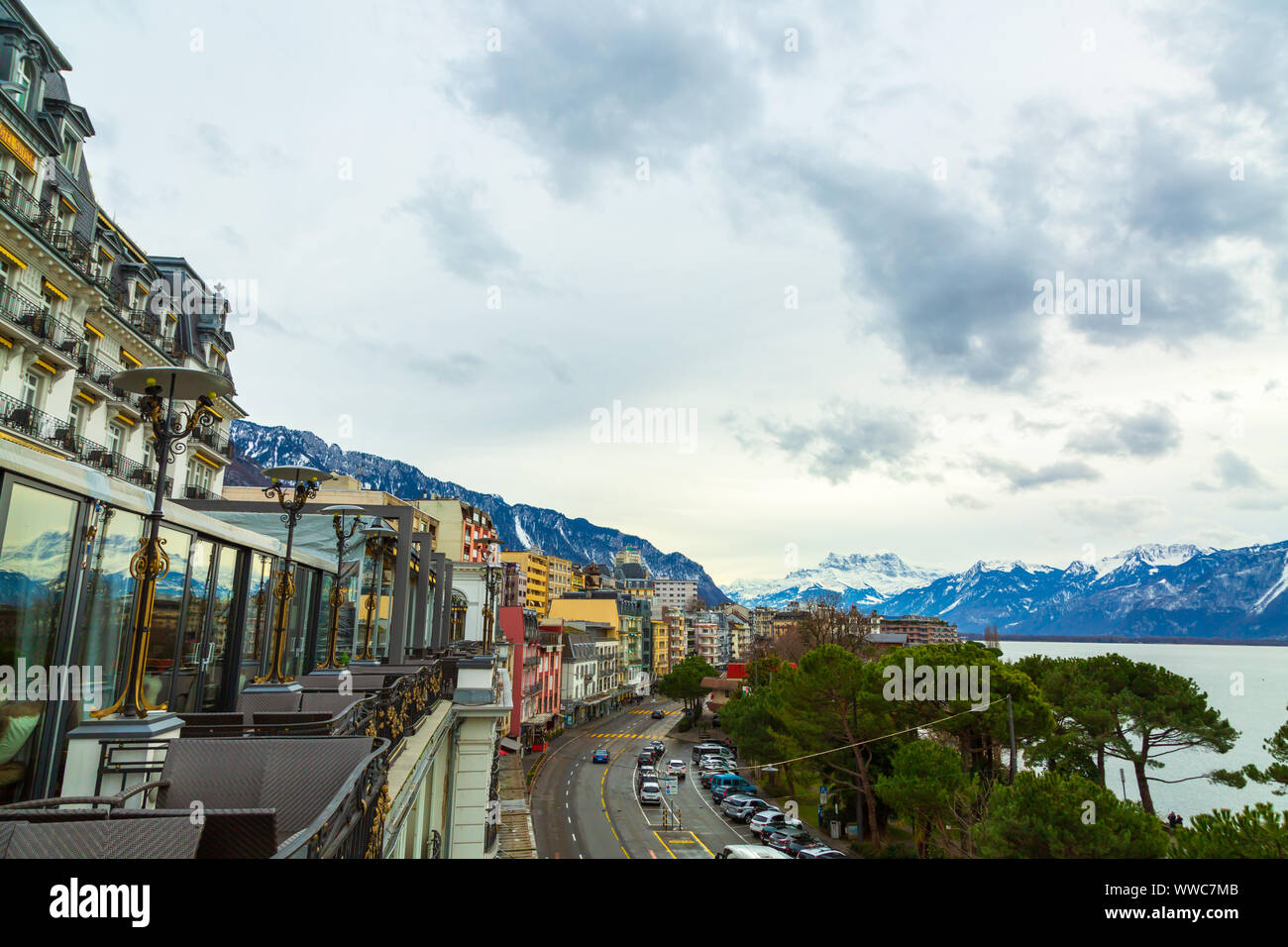 Stadt Montreux Panorama und Genfer See im Winter, Schweiz Stockfoto