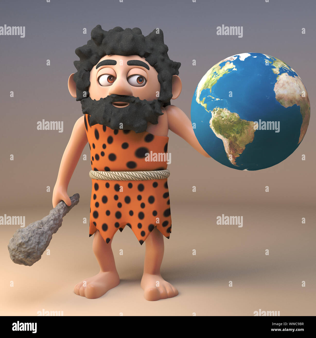 Prähistorische 3d Cartoon caveman Charakter mit einer Kugel der Erde, 3d-Grafik rendern Stockfoto