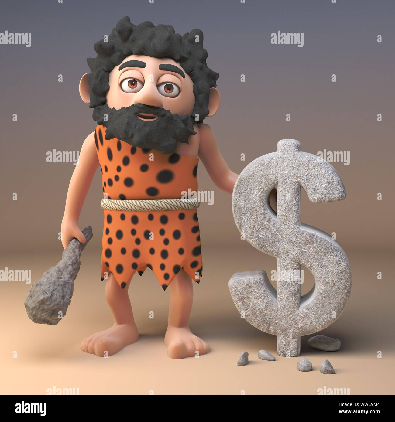 3d Cartoon prähistorischen caveman Charakter schnitzt eine US Dollar Währungssymbol in Rock, 3d-Grafik rendern Stockfoto