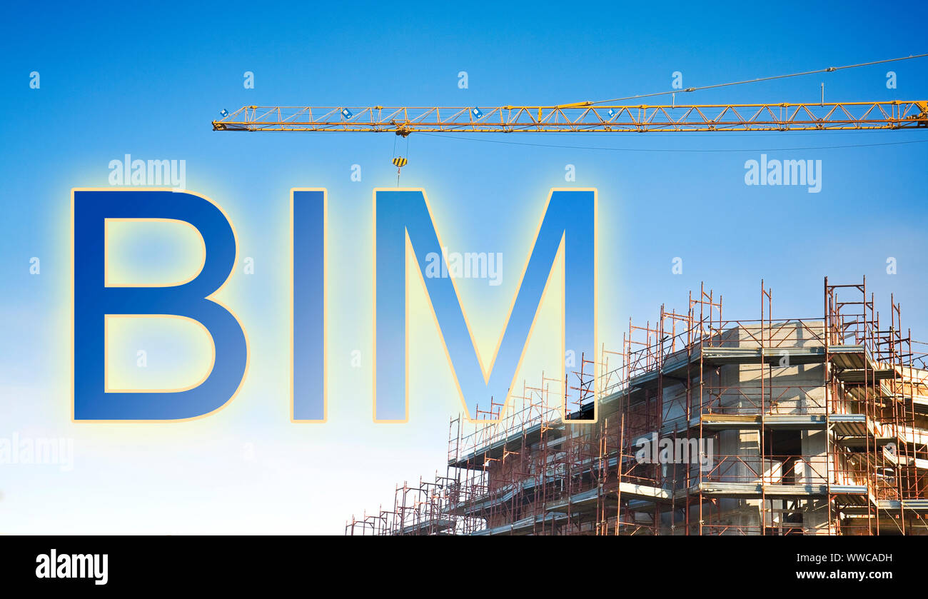 Building Information Modeling (BIM), eine neue Art von Architektur entwerfen - Konzept Bild mit einem Metall Turm Kran in einer Baustelle mit hängenden Stockfoto