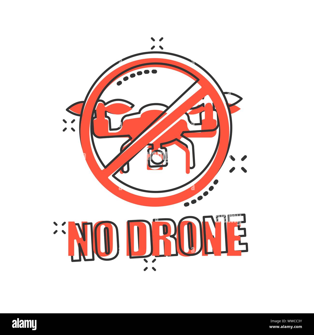 Kein drone zone Schild Symbol im Comic-stil. Quadrocopter verbot Vektor Cartoon Illustration auf weißem Hintergrund isoliert. Hubschrauber verboten Flug busines Stock Vektor