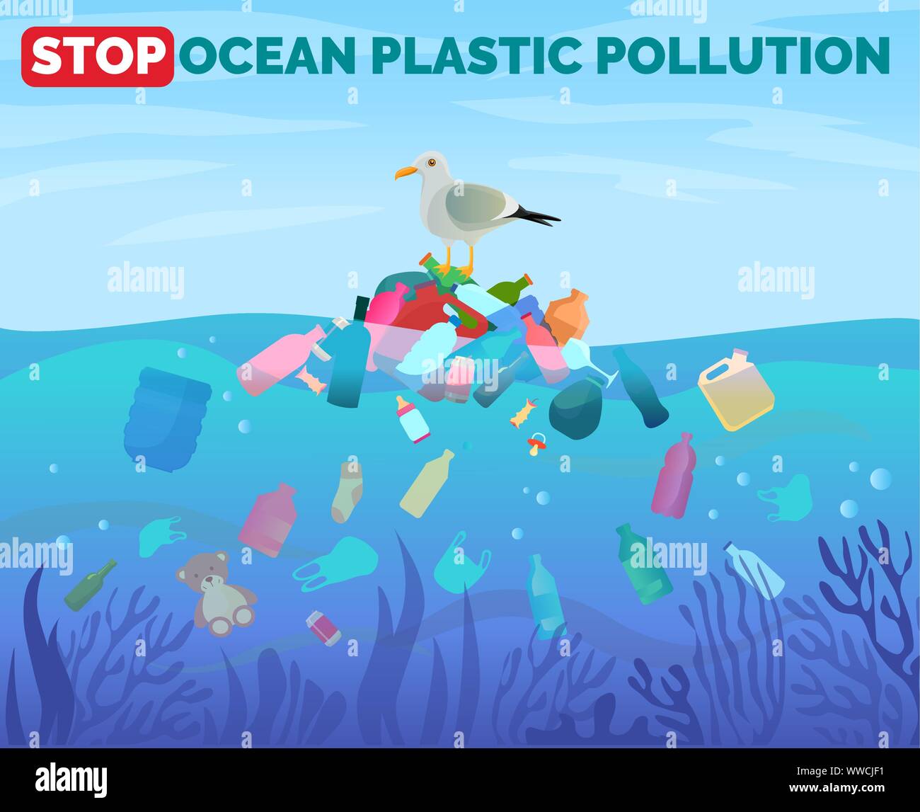 Stop Ozean Kunststoff Verschmutzung Plakat mit Haufen Müll im Wasser Stock Vektor