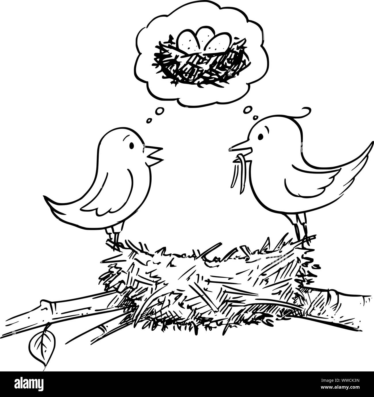 Vektor Komikbild konzeptionelle Darstellung der Paar männliche und weibliche Vögel Gebäude Nest und zusammen denken zu liegen Eier und Babies. Stock Vektor