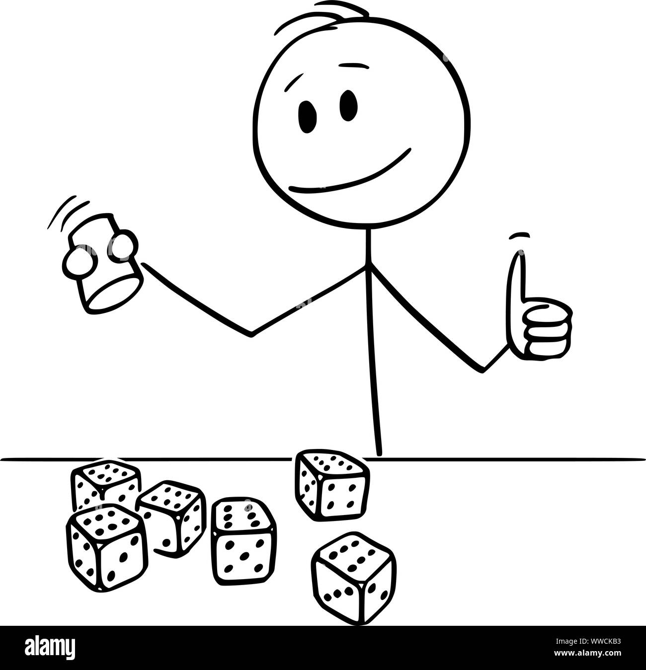 Vektor cartoon Strichmännchen Zeichnen konzeptionelle Darstellung der glückliche Mann oder Spieler oder Geschäftsmann rollende Würfel im Casino mit allen Würfeln, die sechs Punkte. Konzept der Erfolg. Stock Vektor Vektor cartoon Strichmännchen Zeichnen konzeptionelle Darstellung der glückliche Mann oder Spieler oder Geschäftsmann rollende Würfel im Casino mit allen Würfeln, die sechs Punkte. Konzept der Erfolg. Stock Vektor