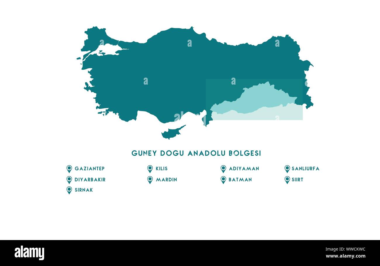 Türkei Eastern Anatolia Region Karte (Türkische Turkiyenin Dogu Anadolu Bolgesi, Ardahan, Erzincan Erzurum, Kars, igdir, Malatya, Tunceli, Elazig, Bingol Stock Vektor