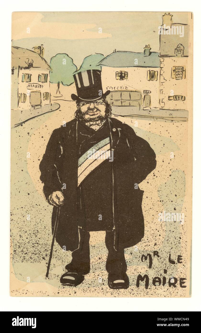 Anfang 1900 französische satirische Postkarte, die gemütlich Bürgermeister - Herr Le Maire, circa 1903, Frankreich. Stockfoto