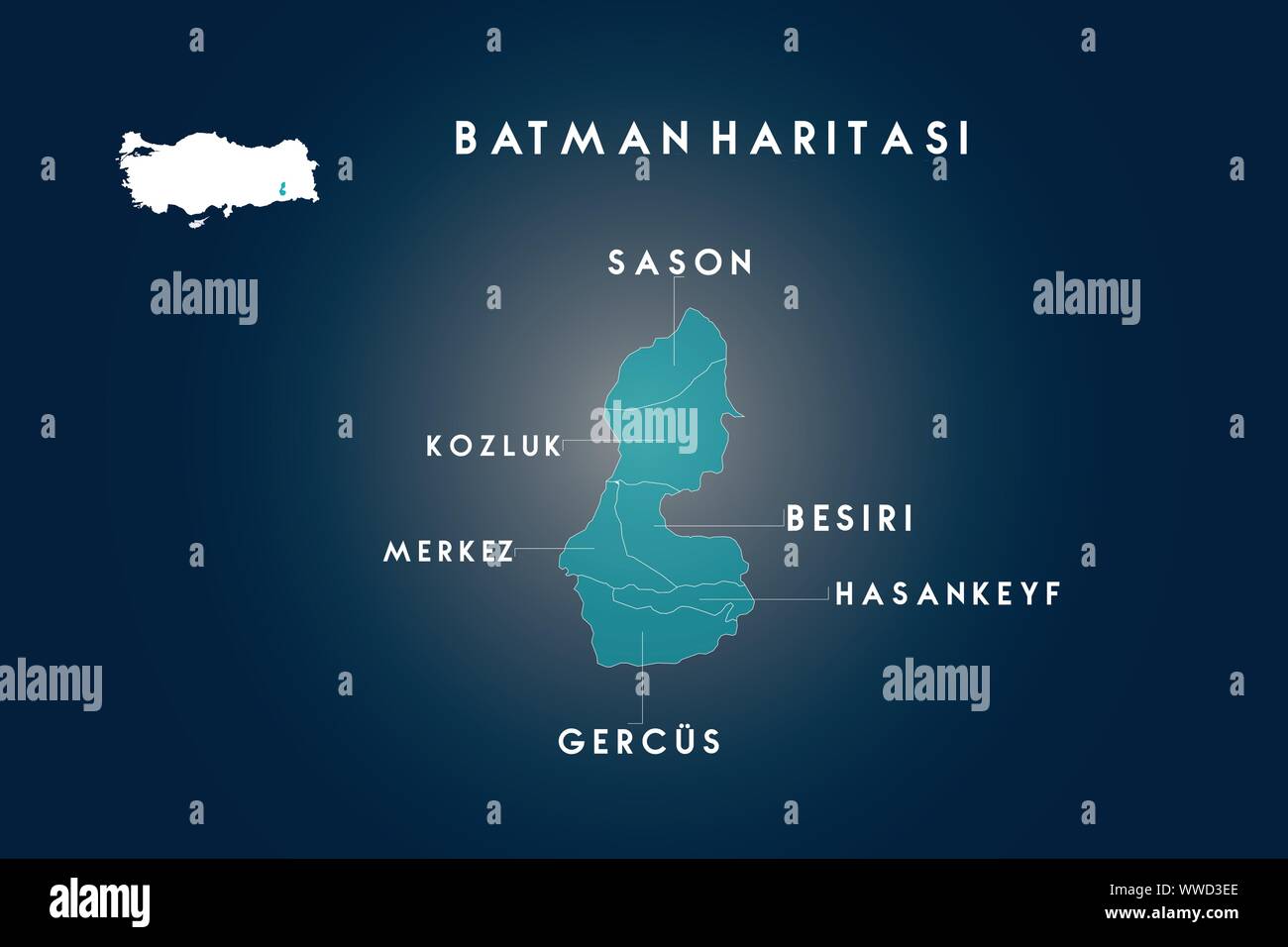 Batman Bezirke Sason, Kozluk, Besiri, Hasankeyf, Gercus Karte, Türkei Stock Vektor