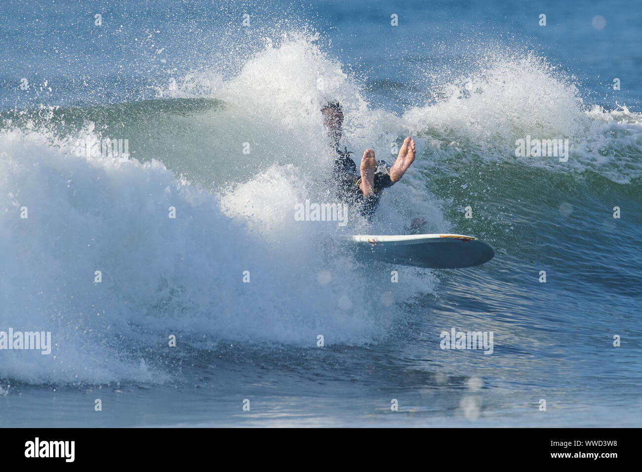 Surfer tilgt, während einer Welle, Cherry Hill Beach, Nova Scotia, Kanada Stockfoto