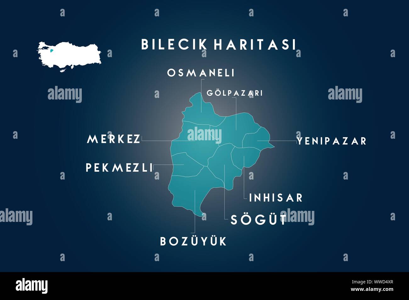 Bilecik Bezirke osmaneli, pekmezli, bozuyuk, sogut, inhisar, yenipazar, golpazari Karte, Türkei Stock Vektor
