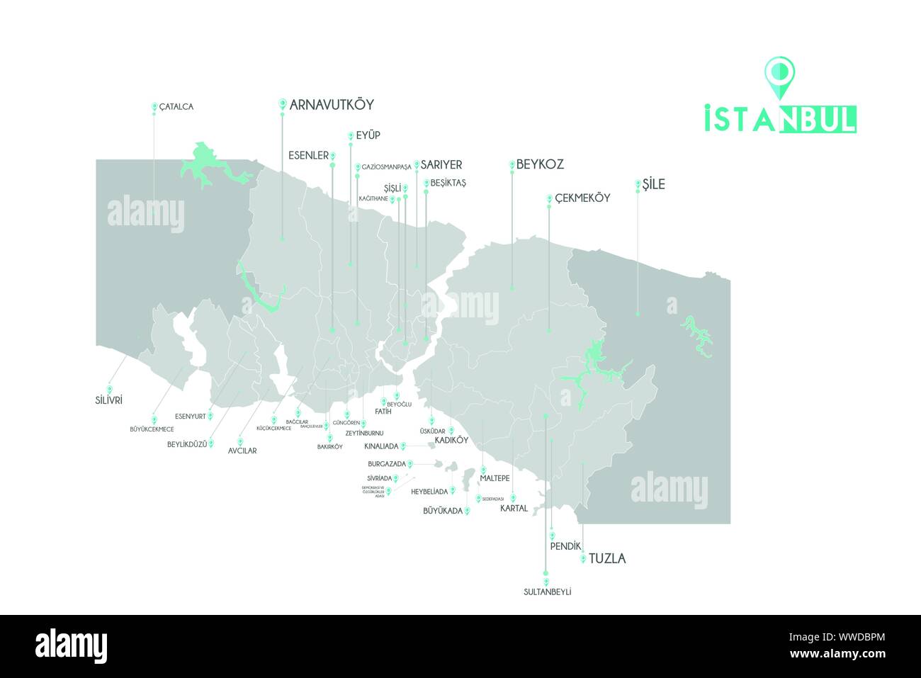 Istanbul Bezirke eyup, esenler, Beykoz, uskudar, Fatih, Sile, Kadiköy, Eastman, Tuzla, bakirkoy, gaziosmanpasa, Avcilar, esenyurt, Salalah, Sil Stock Vektor
