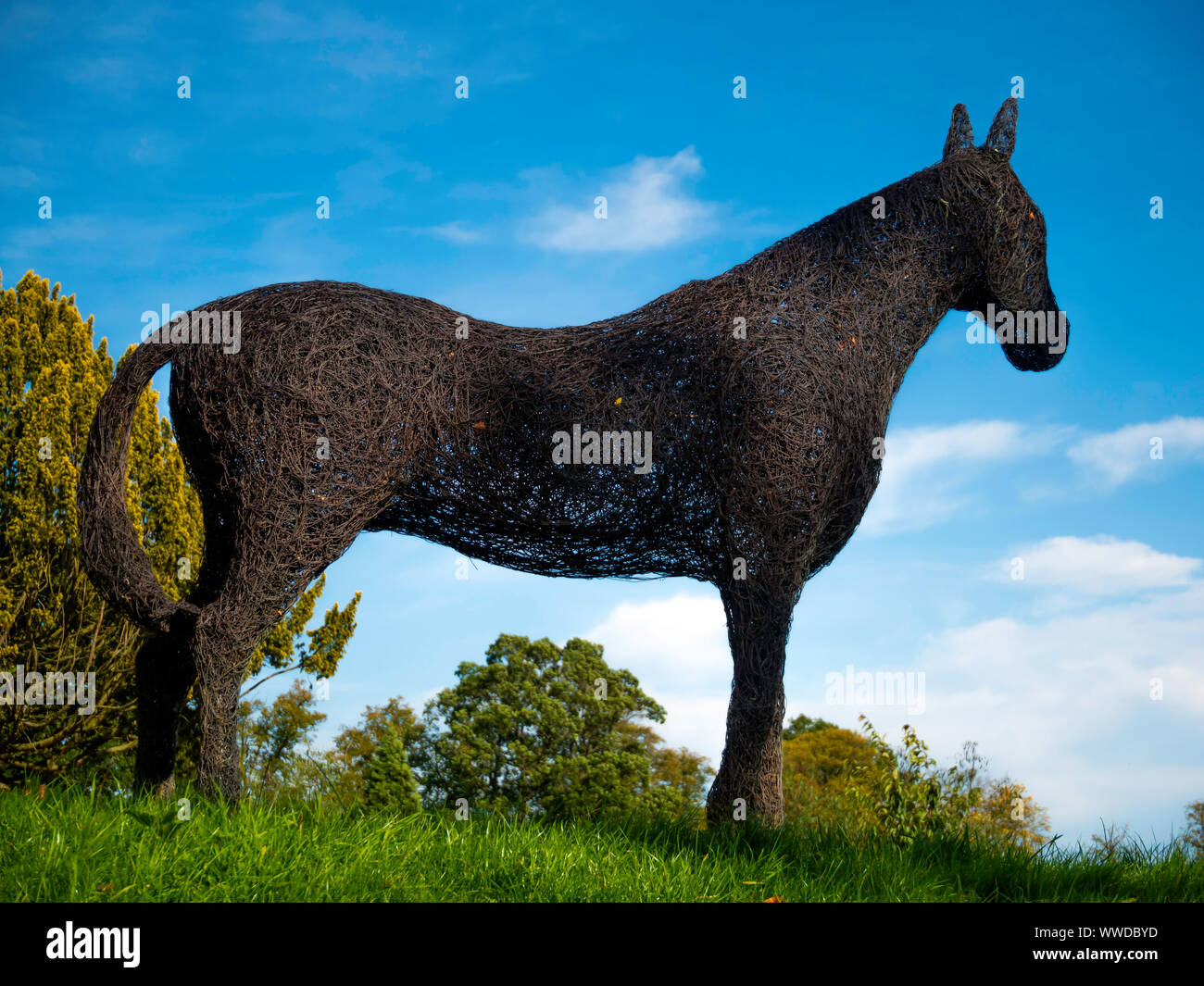 Ein Draht Skulpturen lokaler Künstler Emma Stothard des berühmten Race Horse Hambletonian auf seiner Begräbnisstätte an der Wynyard Country House Hotel Tees Valley Stockfoto