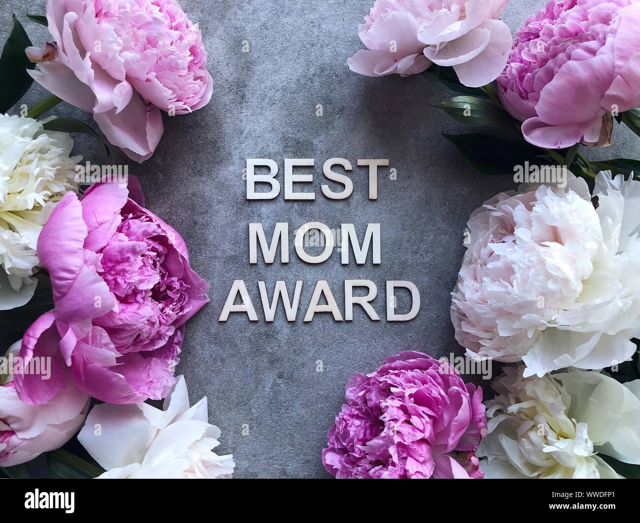 Pfingstrosen auf grauem Hintergrund um die Worte beste Mama Award Stockfoto