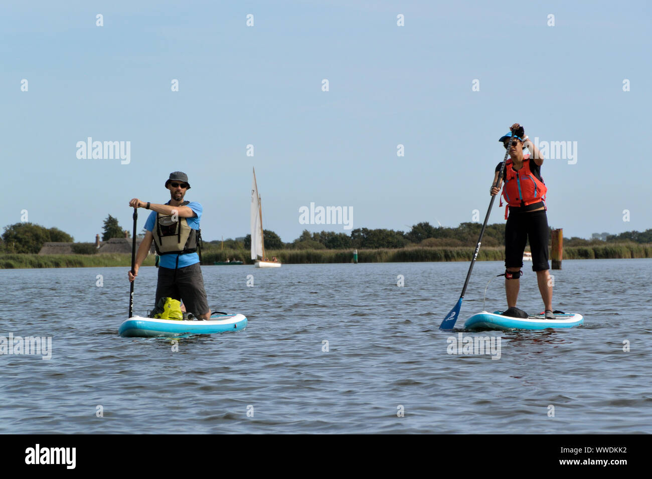 Stand up paddleboarders auf hickling Broad, Norfolk Broads Nationalpark Stockfoto