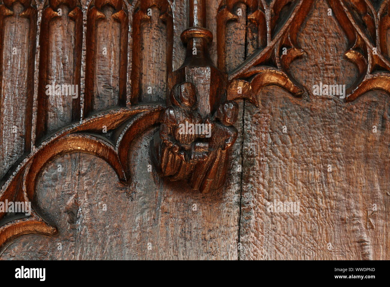 Details von Chor, mittelalterliche Holzschnitzerei, der Kirche St. Mary, Nantwich Stockfoto