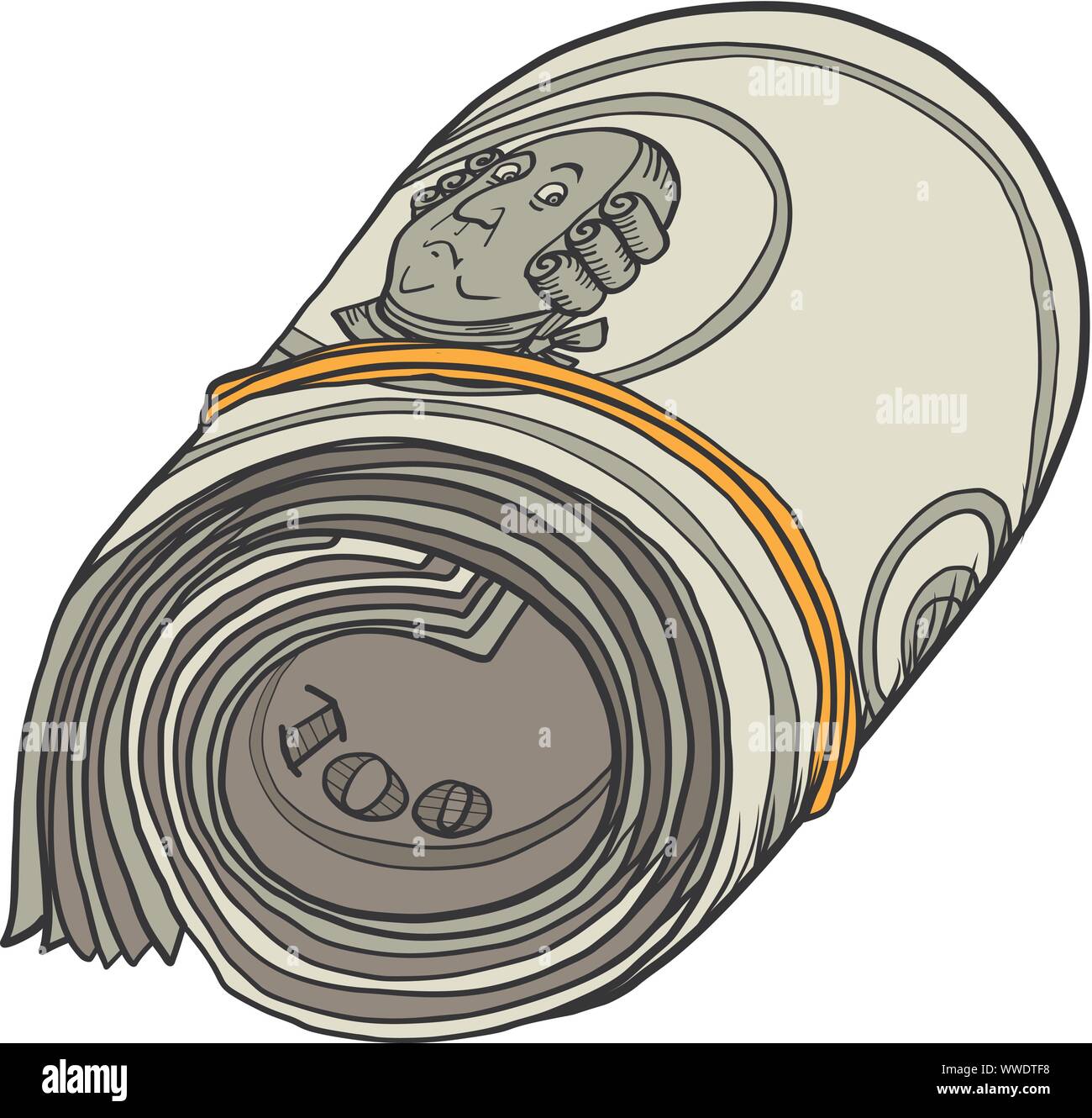 Einhundert dollar Bündel Banknoten Kaugummi. Benjamin Franklin. Comic cartoon Pop Art retro Vektor illustration Zeichnung Stock Vektor