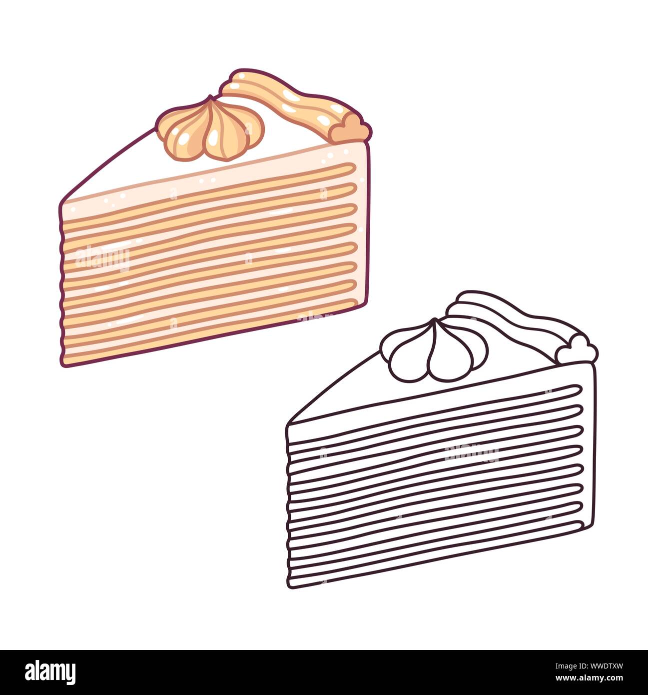 Napoleon Kuchen, traditionellen Mille-feuille Gebäck mit vielen dünnen Schichten und Sahne frosting. Hand Cartoon Stil Vector Illustration gezeichnet. Farbe der Zeichnung Stock Vektor