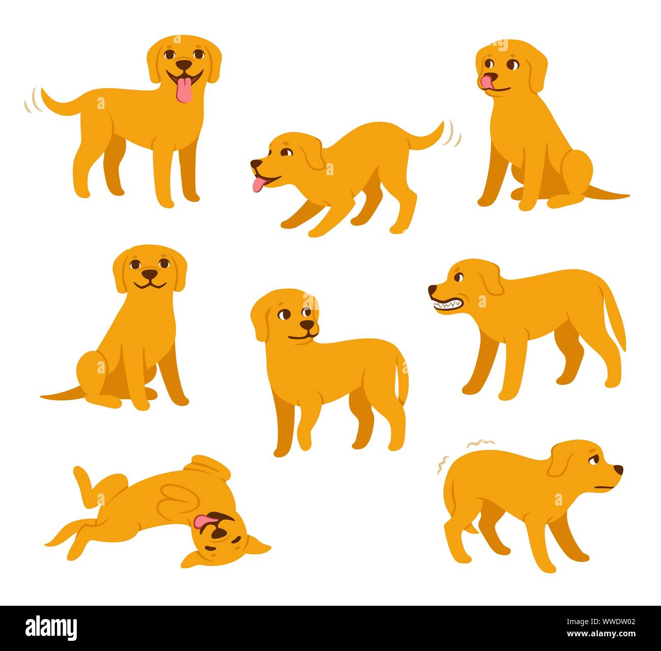 Cartoon hund Set mit unterschiedlichen Posen und Emotionen. Hund Verhalten, Körpersprache und Gesichtsausdruck. Niedlichen gelben Labrador Retriever in einfachen Cartoon Stock Vektor