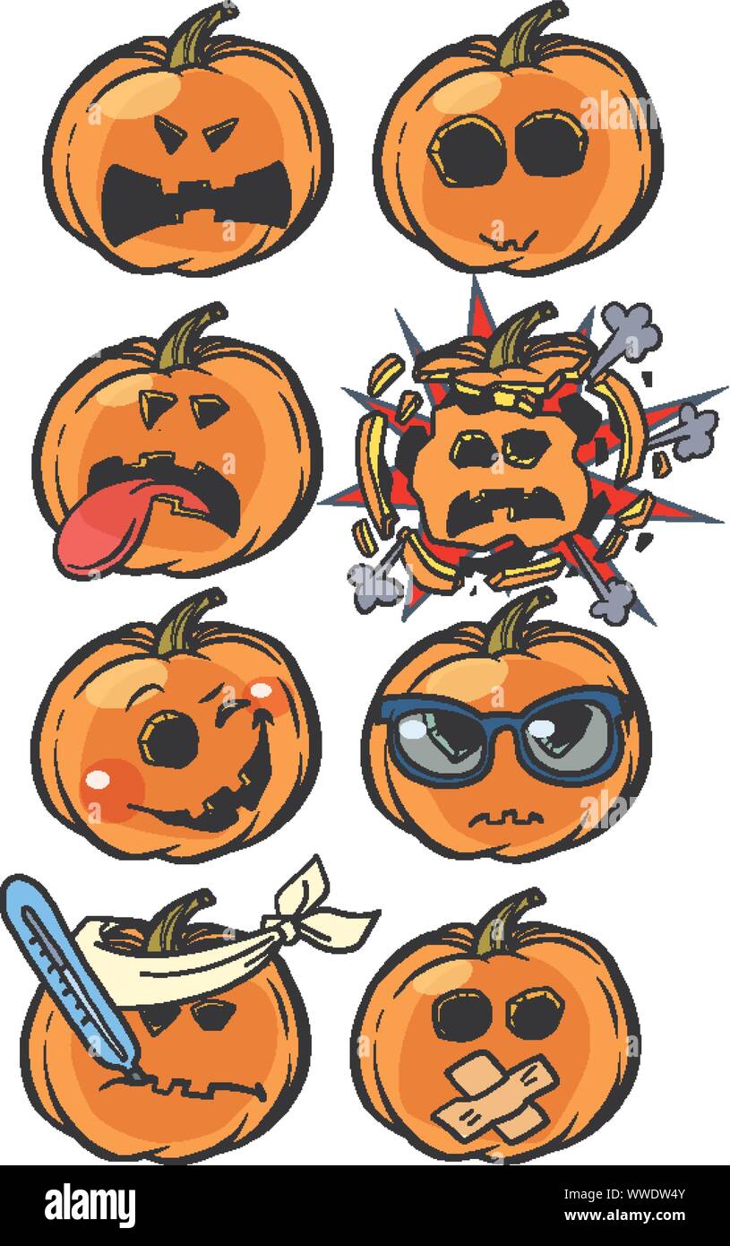 Wut Wut Krankheit explosion Wahnsinn Emoji Halloween Kürbis set Sammlung. Comic cartoon Pop Art retro Vektor illustration Zeichnung Stock Vektor