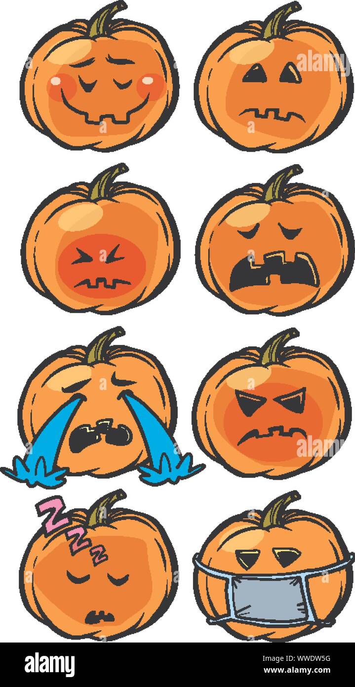 Halloween Kürbis set Sammlung Traurigkeit schlaf Krankheit Tränen der Einsamkeit Emoji. Comic cartoon Pop Art retro Vektor illustration Zeichnung Stock Vektor
