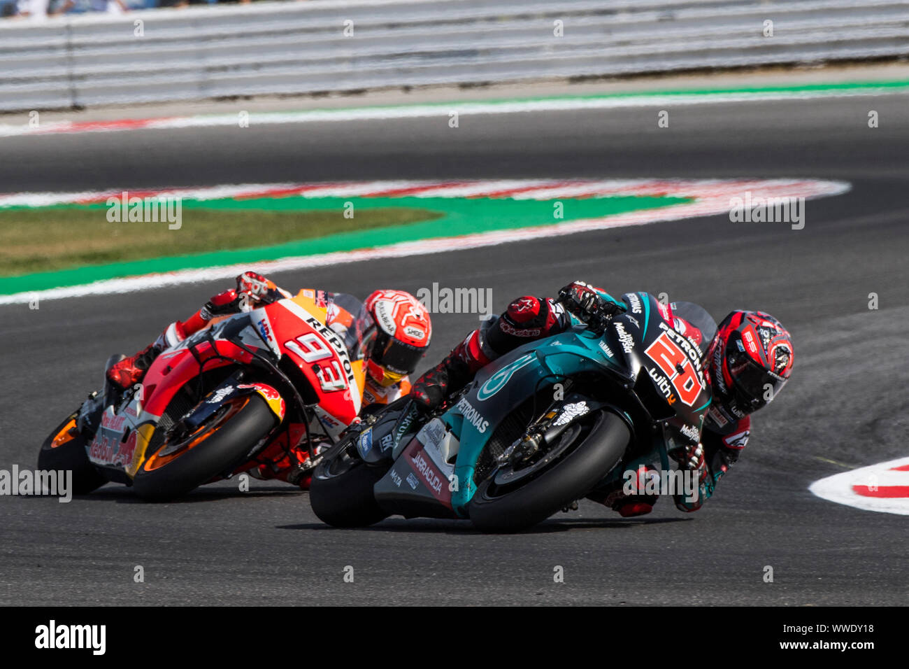 15. September 2019; Misano World Circuit Marco Simoncelli, Santa Monica Cella, Italien; MotoGP, San Marino GP, Race Day; Fabio Crashdown (Petronas Yamaha SRT) und Marc Marquez (Repsol Honda Team) kämpfen Sie für die Leitung Stockfoto