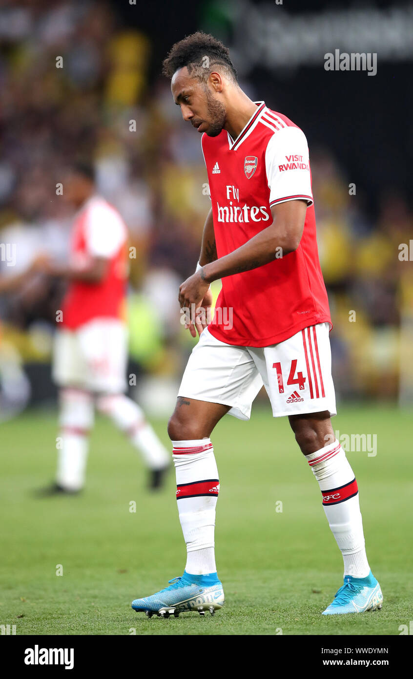 Von Arsenal Pierre-Emerick Aubameyang reagiert, nachdem der letzte während der Premier League Match an der Vicarage Road, Watford Pfeifen. Stockfoto