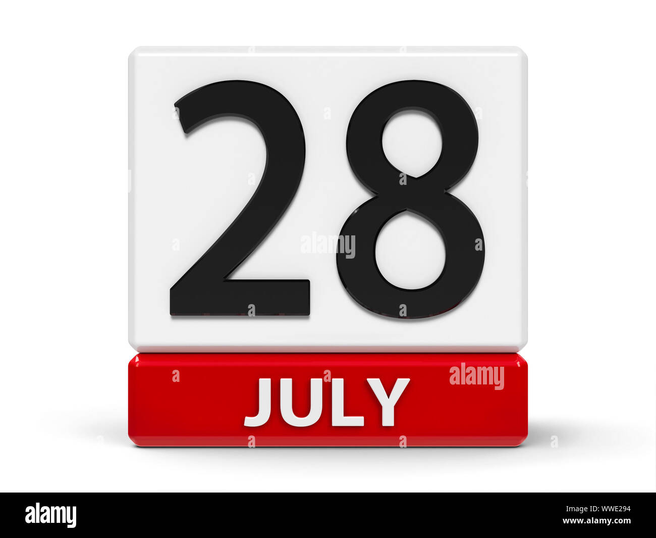 Rote und weiße Symbol Kalender von Cubes - Die Zwanzig 8. Juli - auf einem weißen Tisch - Welthepatitis-tages, dreidimensionale Rendering, 3D-Lllustrat Stockfoto