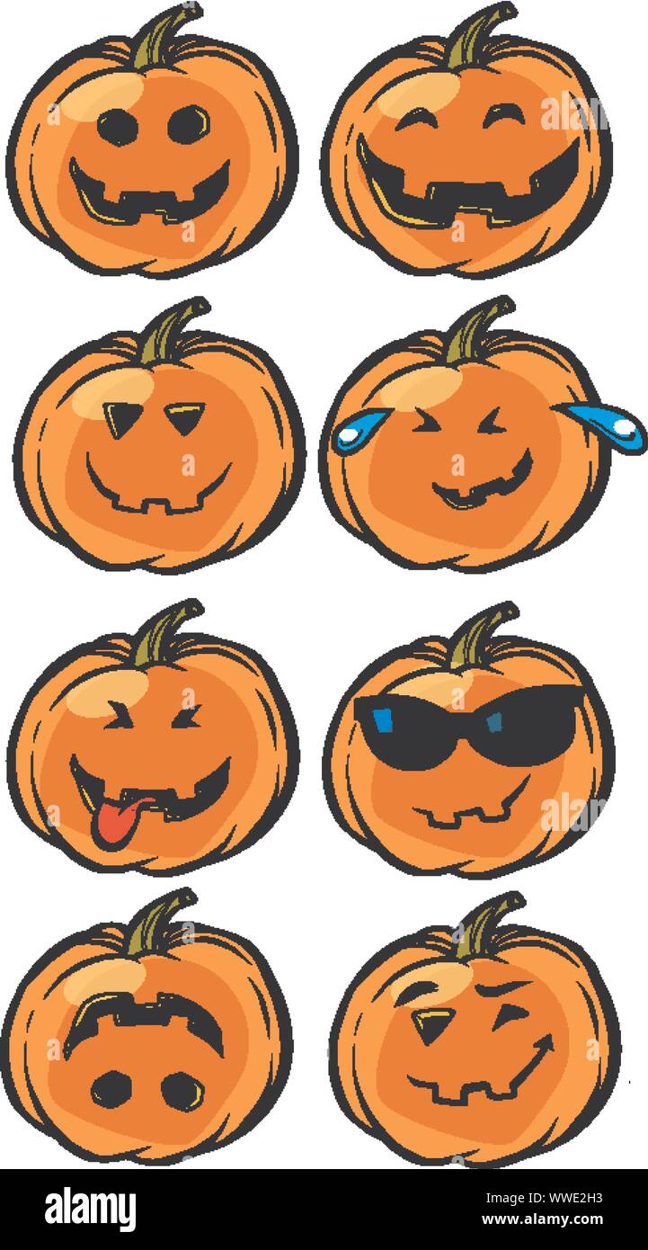 Lächeln lustiger Witz Emoji Halloween Kürbis set Sammlung. Comic cartoon Pop Art retro Vektor illustration Zeichnung Stock Vektor
