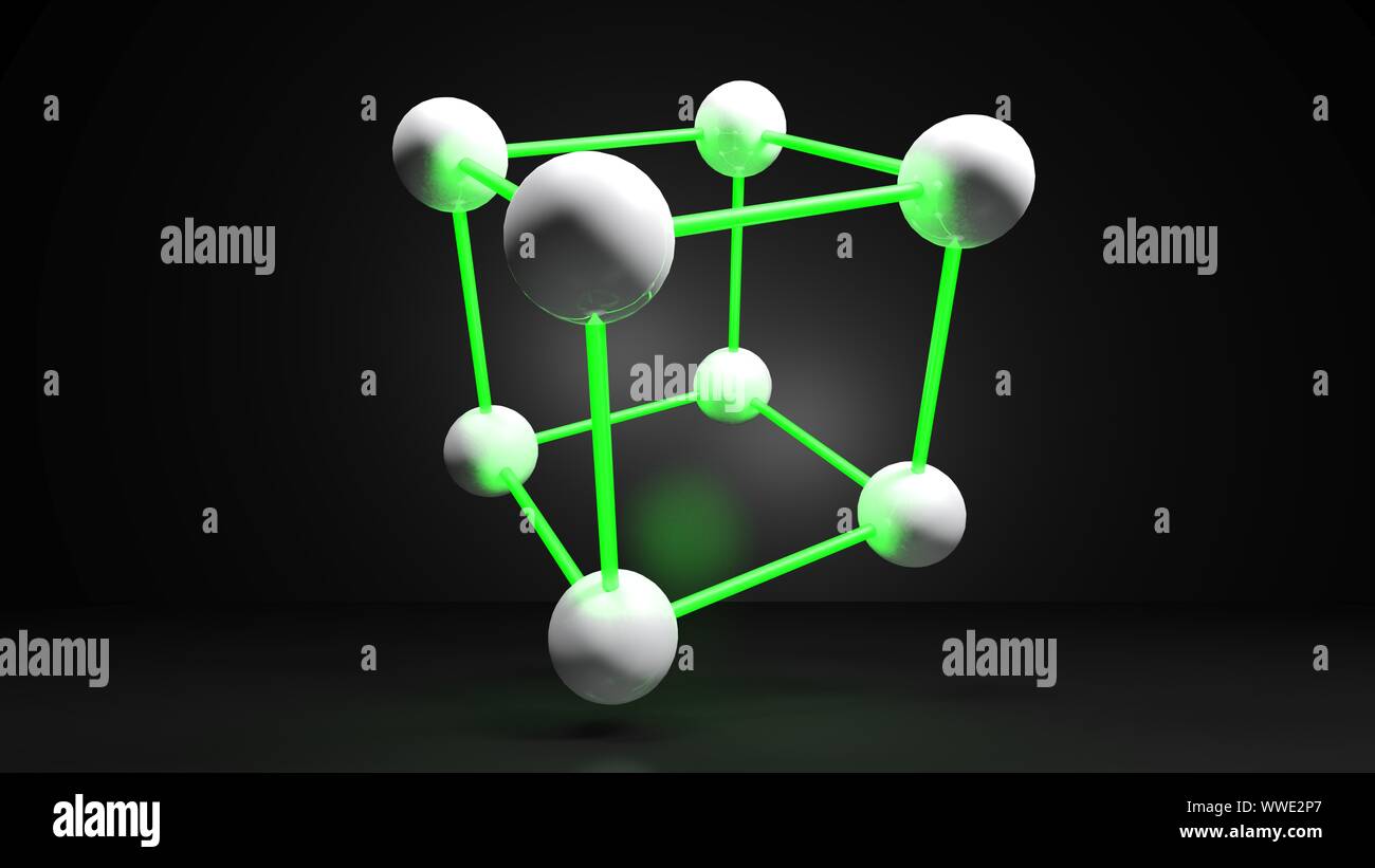 Kubische Struktur mit weißen Kugeln durch grünes Licht Verbindungen - 3D Rendering Illustration angeschlossen Stockfoto