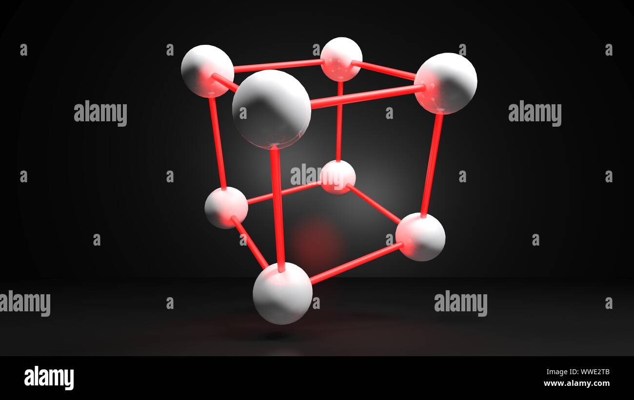 Kubische Struktur mit weißen Kugeln durch rotes Licht Verbindungen - 3D Rendering Illustration angeschlossen Stockfoto