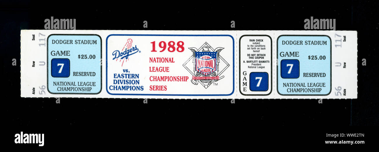 Ticket von 1988 NLCS Spiel 7, in dem die Los Angeles Dodgers die New York Mets besiegte in der World Series zu gelangen, wo Sie schlagen würde die Oakland A's zu Weltmeister der Major League Basball geworden. Stockfoto