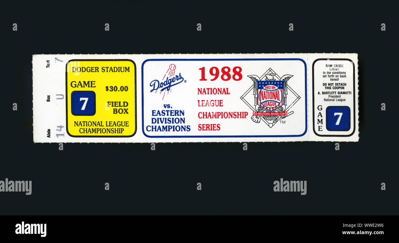 Ticket von 1988 NLCS Spiel 7, in dem die Los Angeles Dodgers die New York Mets besiegte in der World Series zu gelangen, wo Sie schlagen würde die Oakland A's zu Weltmeister der Major League Basball geworden. Stockfoto
