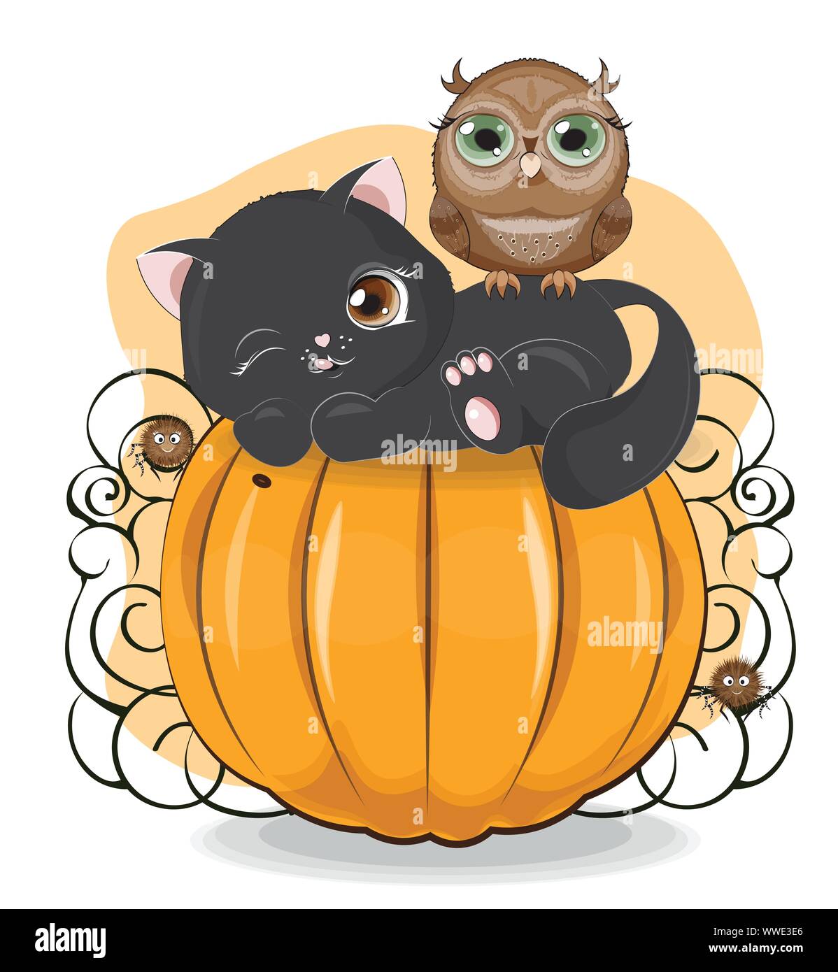 Halloween wink schwarze Katze. Eule und Spinne auf dem Kürbis Das Bild in der Hand Zeichnung Cartoon Stil, können für den T-Shirt Druck verwendet werden, tragen Fashion design, Stock Vektor