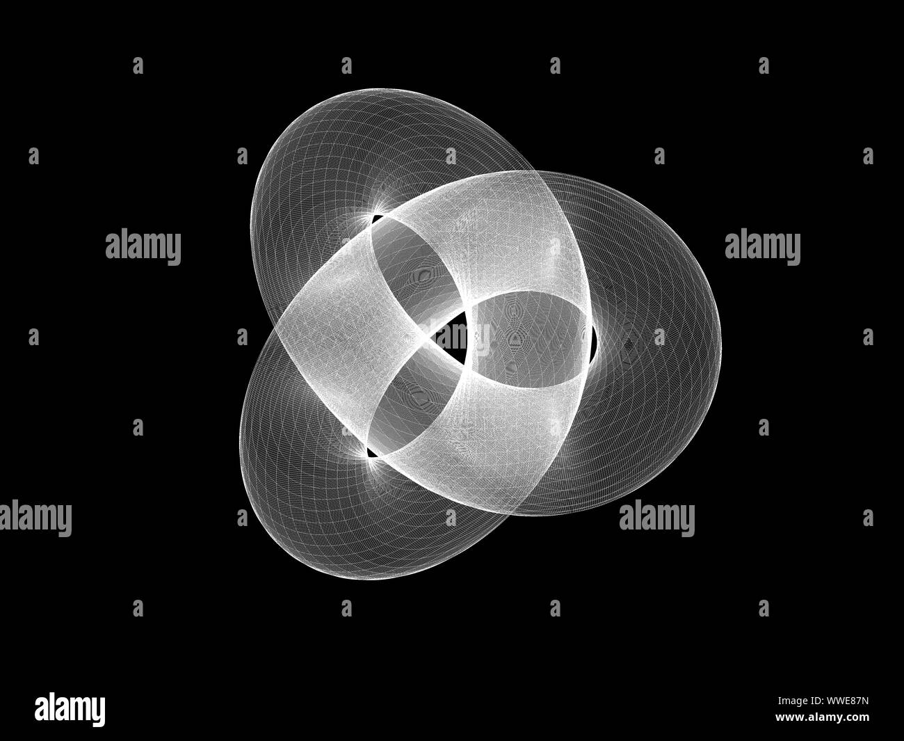 Weiße wire-frame Torus knot, geometrische Darstellung von parametrischen Fläche auf schwarzem Hintergrund isoliert. 3D Rendering illustration Stockfoto