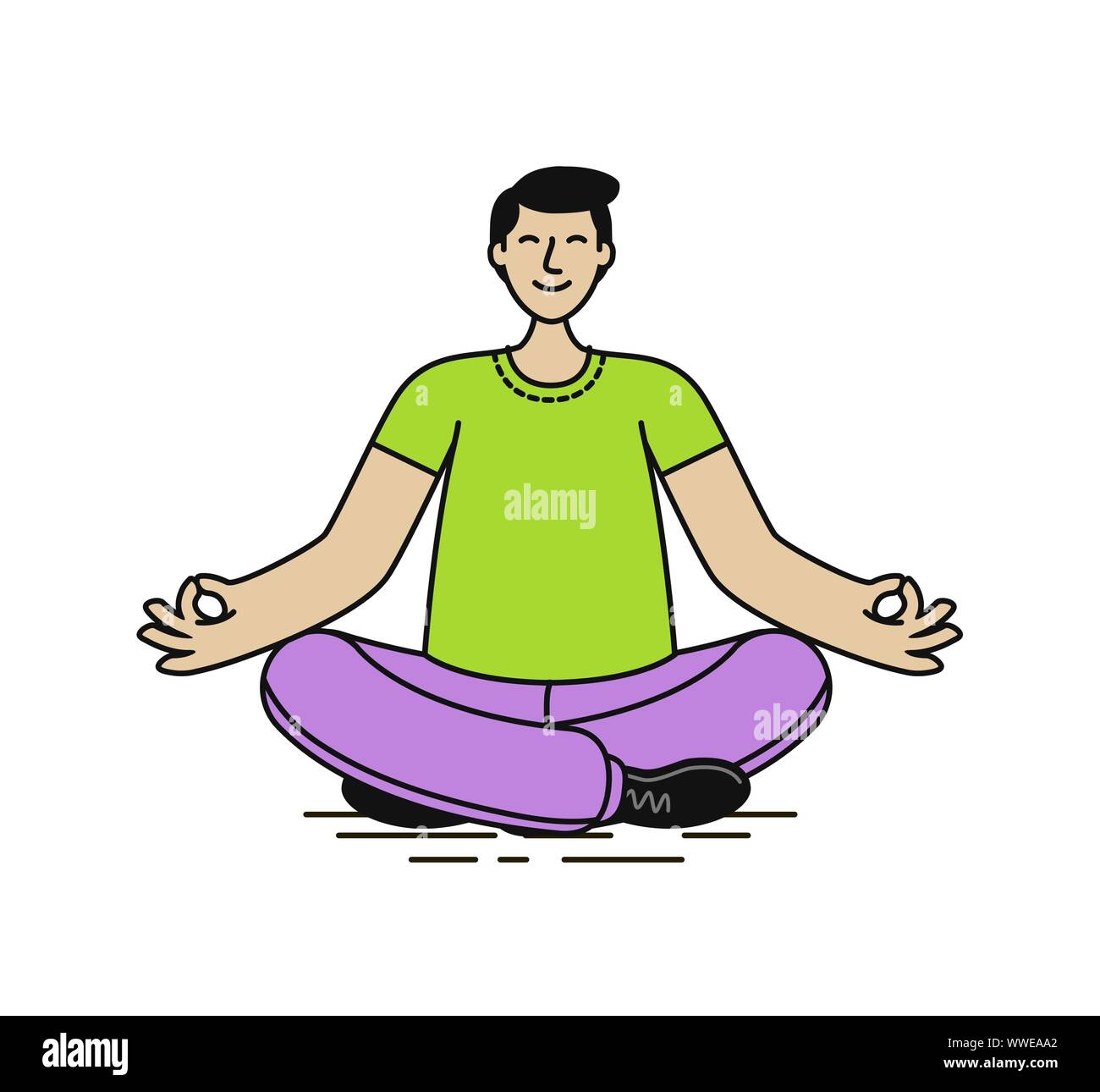 Entspannter Mann, der in Lotusposition sitzt. Yoga, entspannen Vektor Illustration Stock Vektor