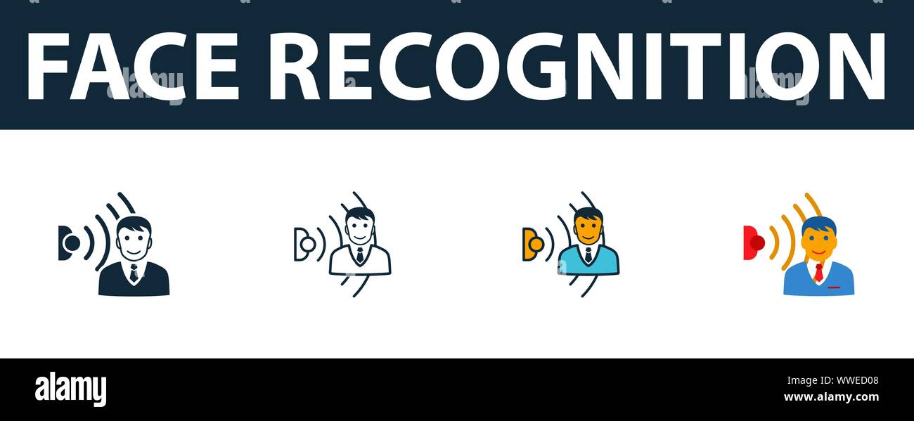 Gesichtserkennung Icon Set. Vier einfache Symbole in verschiedenen Stilrichtungen von Smart Home icons Collection. Kreative Gesichtserkennung Icons, Umriss Stock Vektor