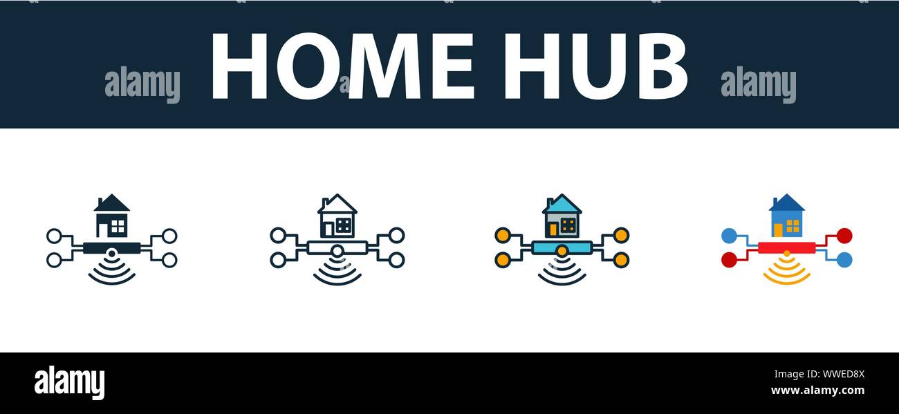 Home Hub Icon Set. Vier einfache Symbole in verschiedenen Stilrichtungen von Smart Home icons Collection. Kreative home hub Icons, Outline, farbige und flach Stock Vektor