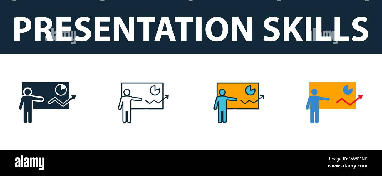 Presentation Skills Icon Set. Vier einfache Symbole in verschiedenen Stilrichtungen von soft skills icons Collection. Kreative Präsentation Icons Stock Vektor