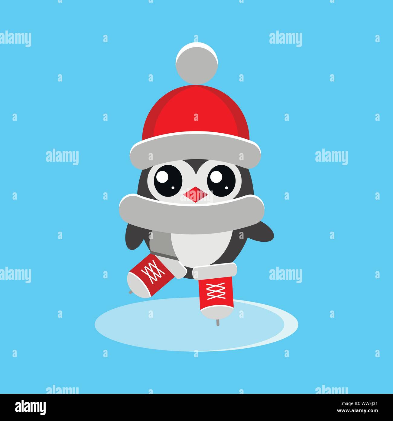 Isolierte Pinguin in rote Mütze, Schal und Schlittschuhe Eislaufen auf der Eisbahn im flachen Stil. Stock Vektor