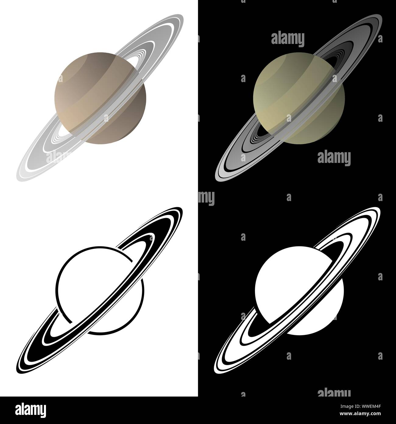 Saturn isoliert Vector Illustration in voller Farbe, schwarze Linie Kunst und weißen Varianten Stock Vektor