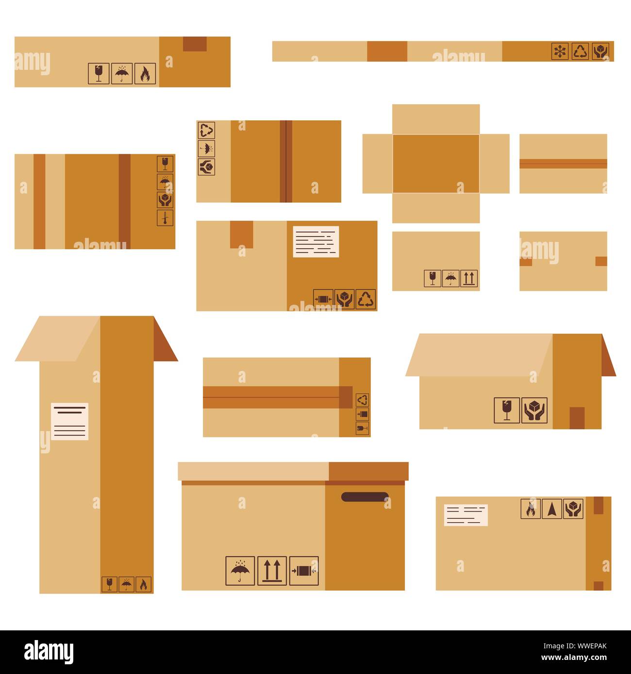 Vektor flache Design Cartoon Stil Abbildung Pappe Pakete mit Verpackung auf weißem Hintergrund singt. Stock Vektor