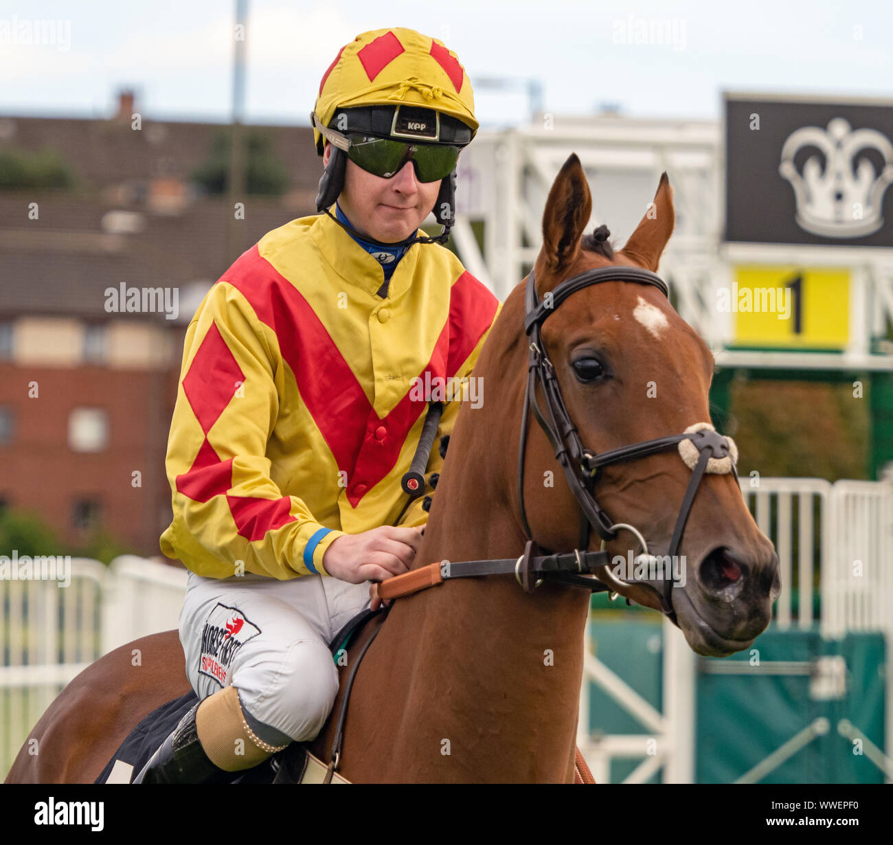 Jockey Nathan Evans auf Klara Geist vor Beginn der EBF Fillies' Bedingungen Stakes (Plus 10 Rennen) bei Musselburgh - 14. September 2019. Stockfoto
