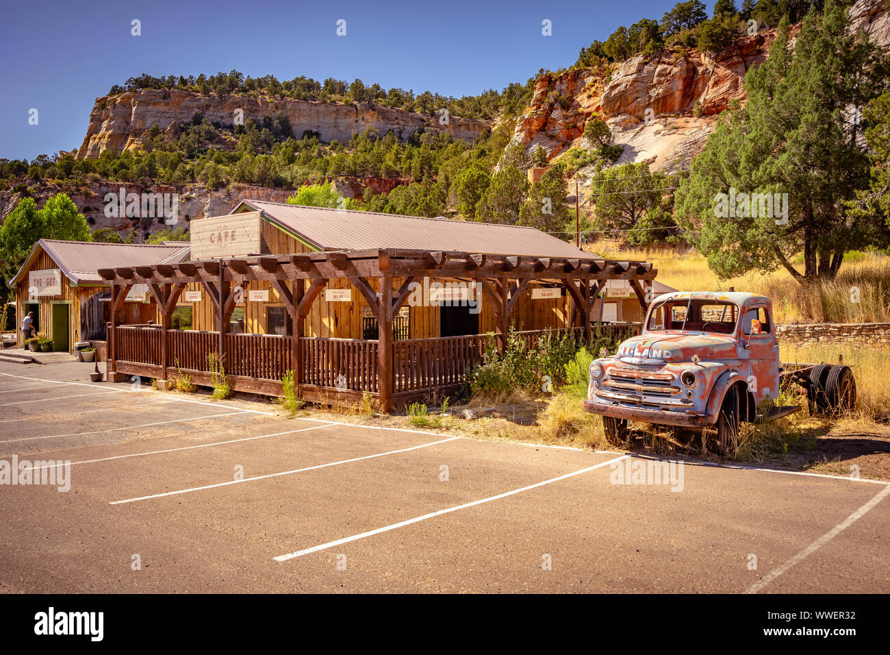 Zion National Park, Utah, USA - Kleines Café in der Nähe der Eingang zum Park Stockfoto