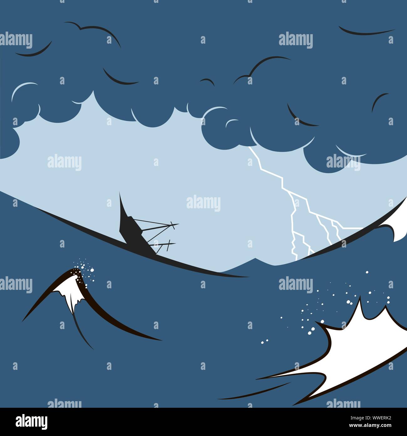 Segelschiff im Sturm Meer. Vektor Grafik im Comic-Stil Stock Vektor